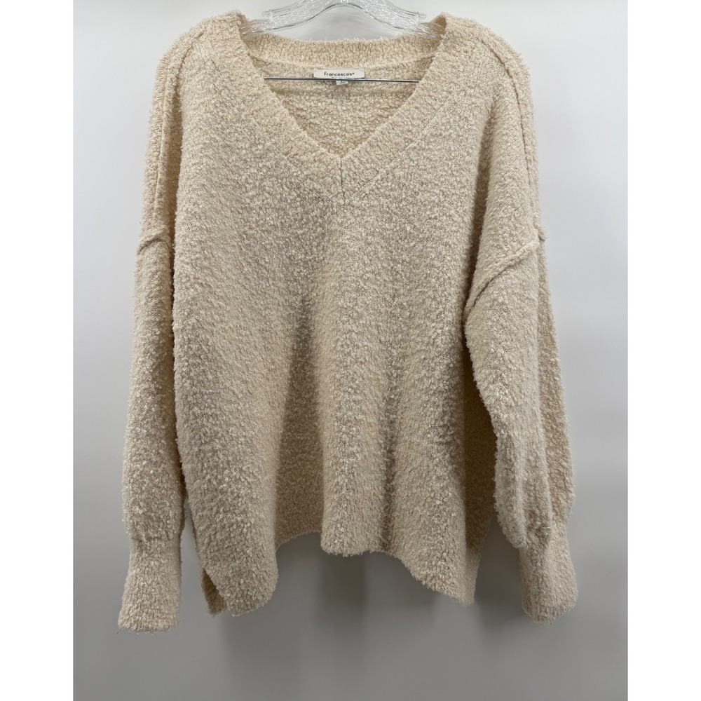 Francescas Cream Boucle Metallic Shimmer V-Neck Sweater Large Holiday Chic